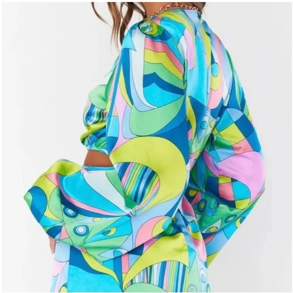 Show Me Your Mumu Go Out Cut Out Mini Dress Go Go Luxe Satin Blue Green XS, M - Picture 3 of 10